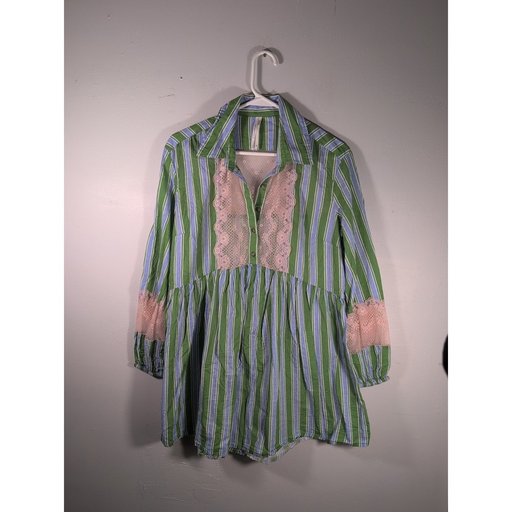 Anthropologie‎ Night Dress XS Green Pink Lace Inset Long Sleeve Swing Mini
